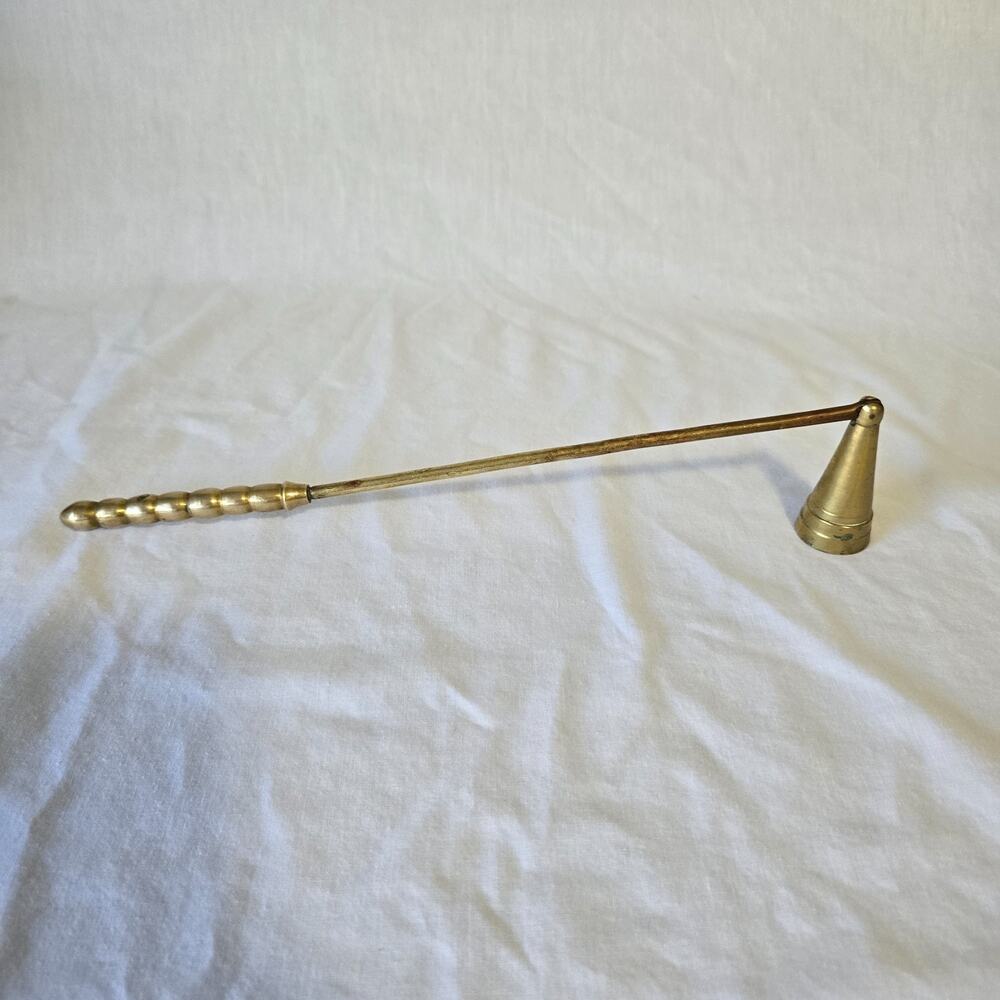 Vtg Brass Candle Snuffer Long Beaded Handle & Pivoting Conical Head